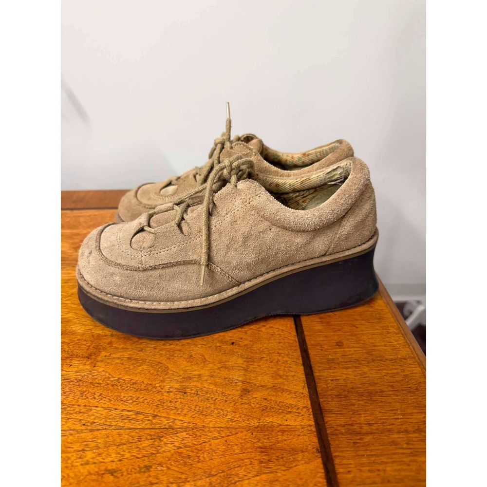 BC Footwear Vintage 90s Platform Oxfords Tan Suede Chunky Wedge Shoes Womens 8
